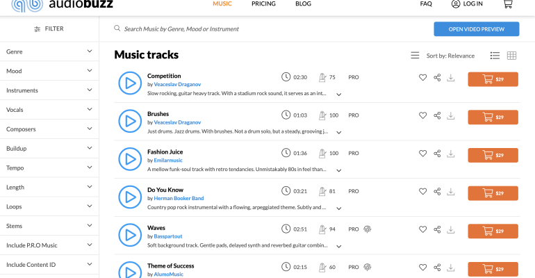 Finding the Right Music for Your Marketing Video — Screenshot of Audio Buzz