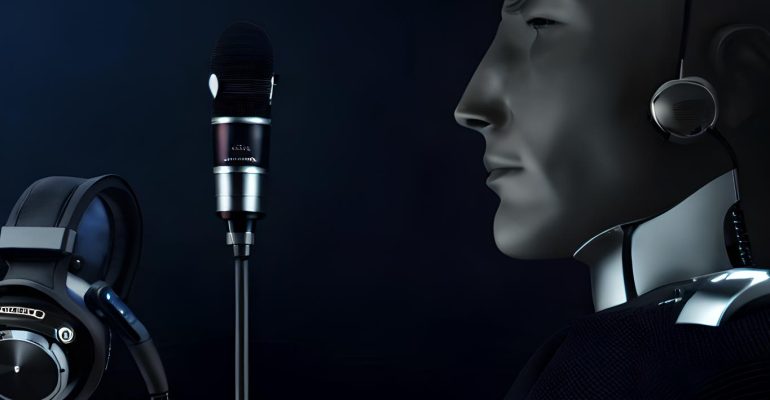 Ethical Dimensions of Human voice overs in a Digital Age-humanoid speaking to a microphone