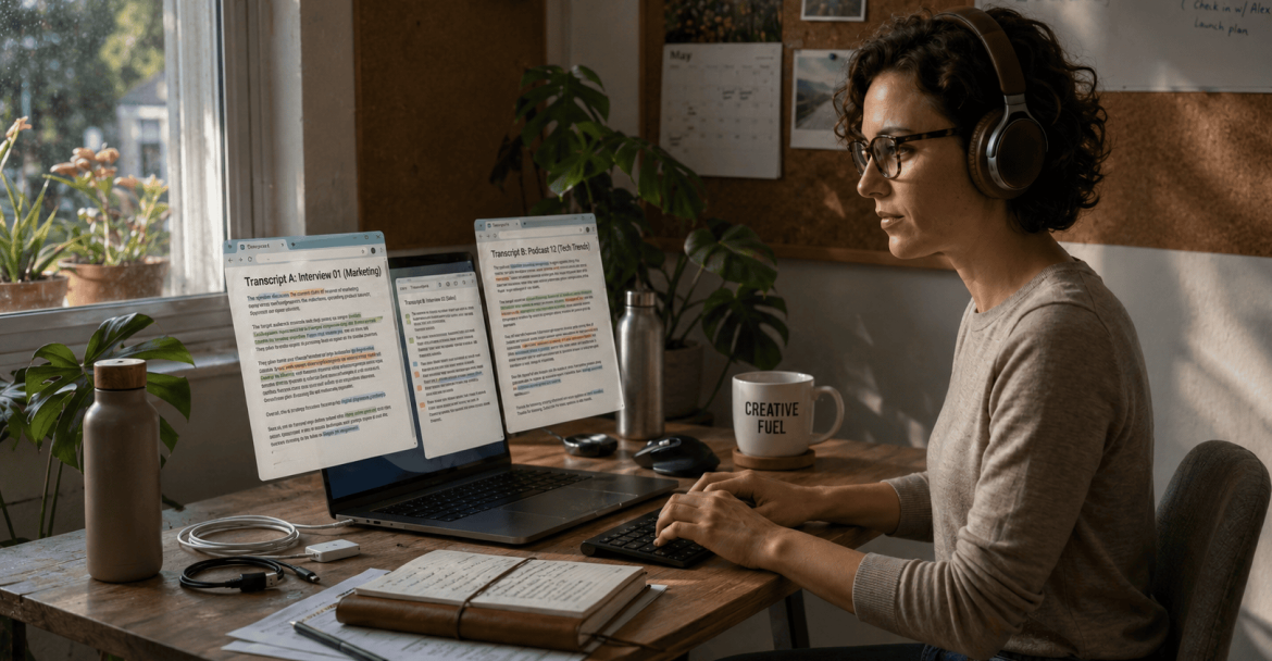 AI-Transcription-Tools-Comparison - Woman sits at her desk and reviews transcriptions