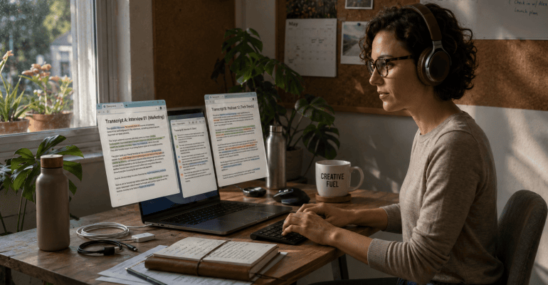 AI-Transcription-Tools-Comparison - Woman sits at her desk and reviews transcriptions
